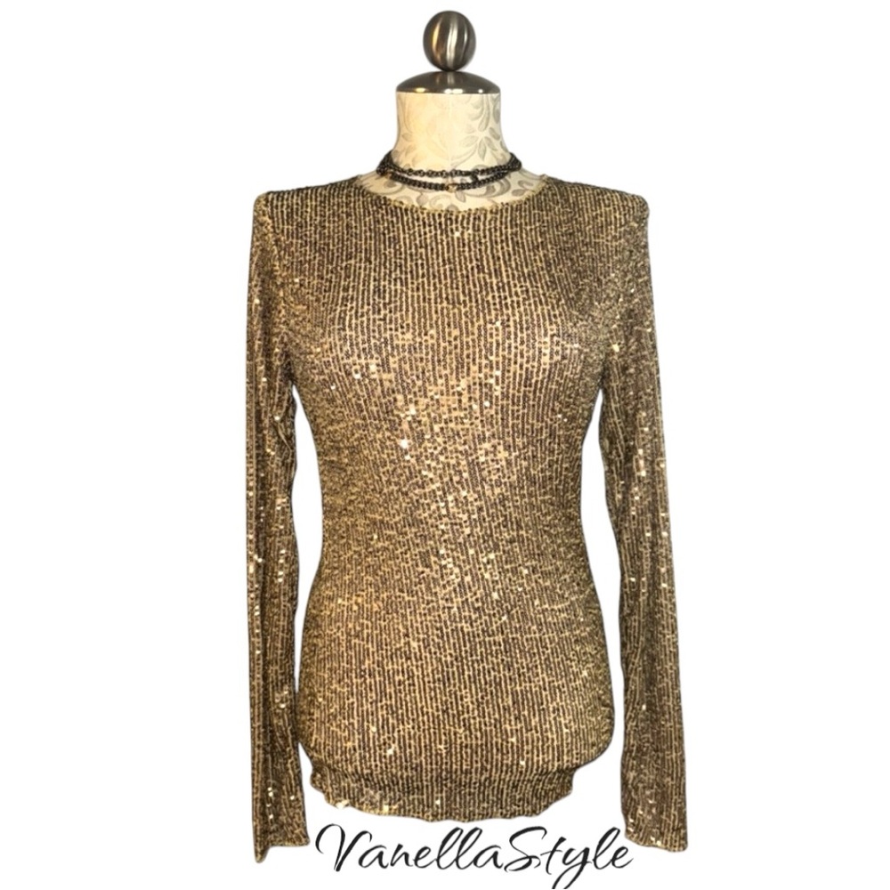🆕 Free People Gold sequin Long-sleeve Top Size Small.     #45